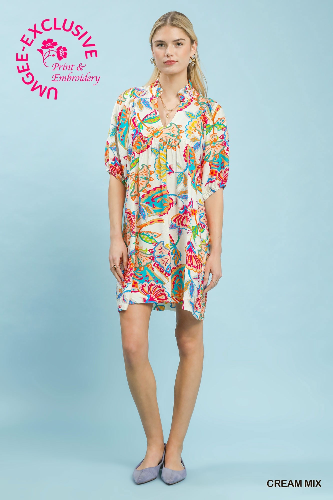 Cream Paisley Split Neck Dress