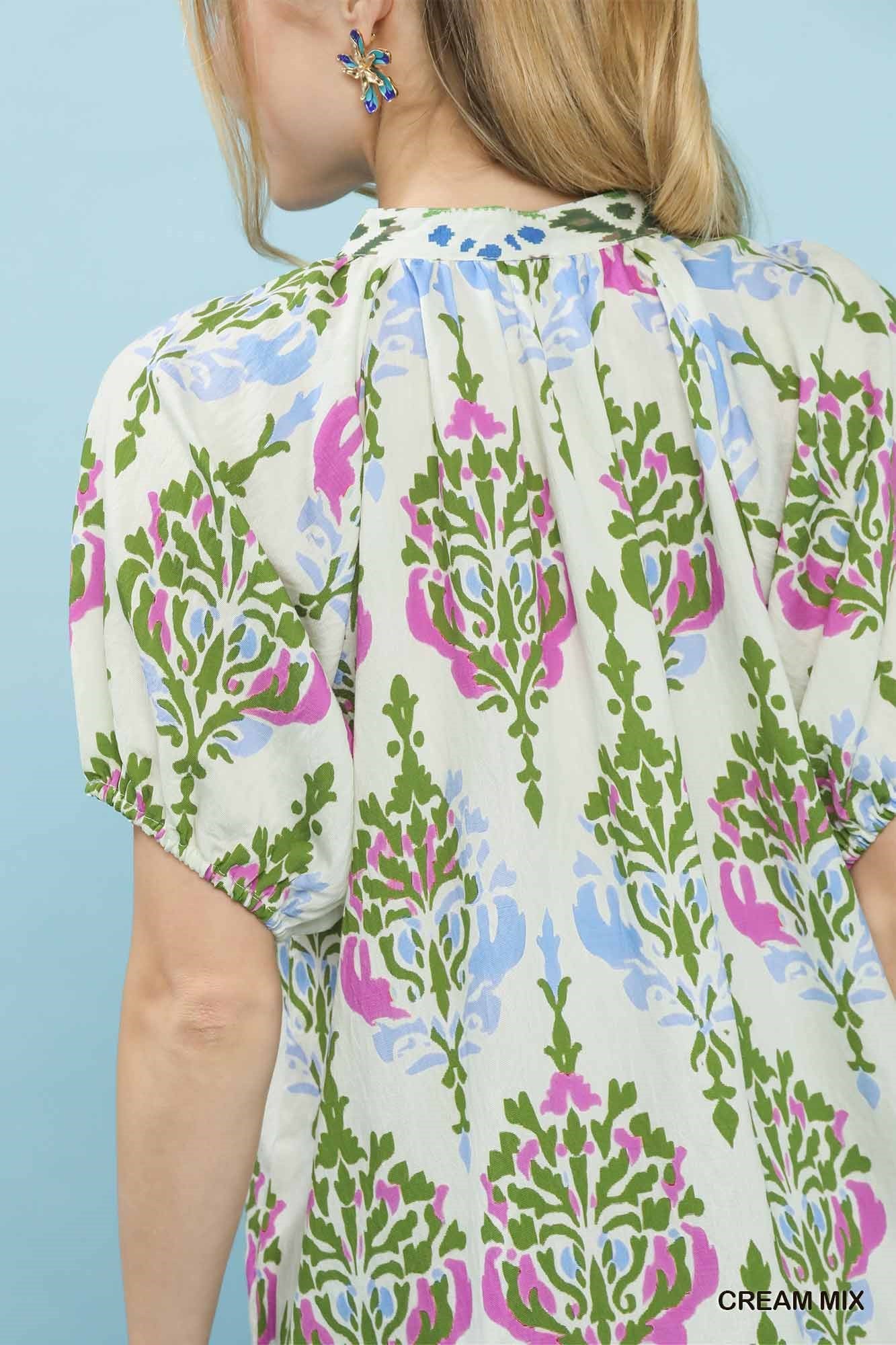 Cream Mix Printed Split Neck Boho Top
