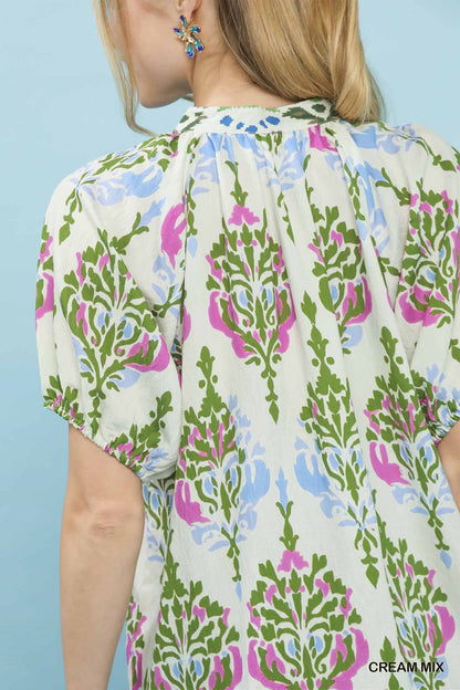 Cream Mix Printed Split Neck Boho Top