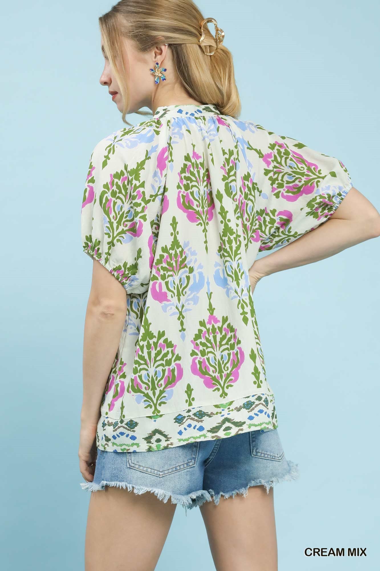 Cream Mix Printed Split Neck Boho Top
