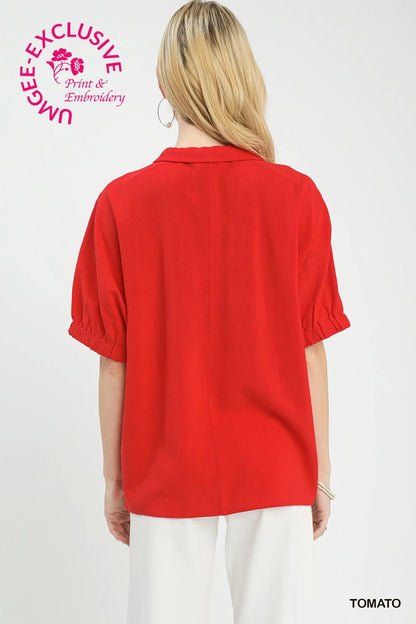 Red Embroidered Linen Blend Top