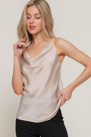 Beige Cowl Neck Satin Cami Top