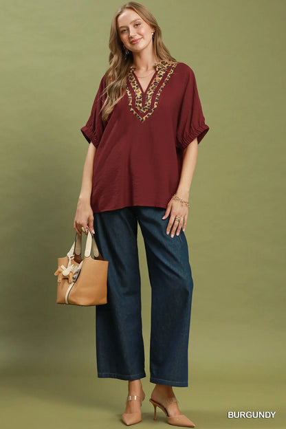 Burgundy Leopard Trim Dolman Sleeve Top