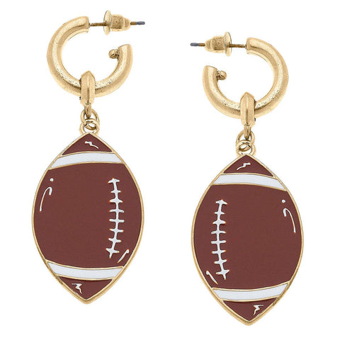 Game Day Enamel Football Drop Hoop Earrings in Worn Gold