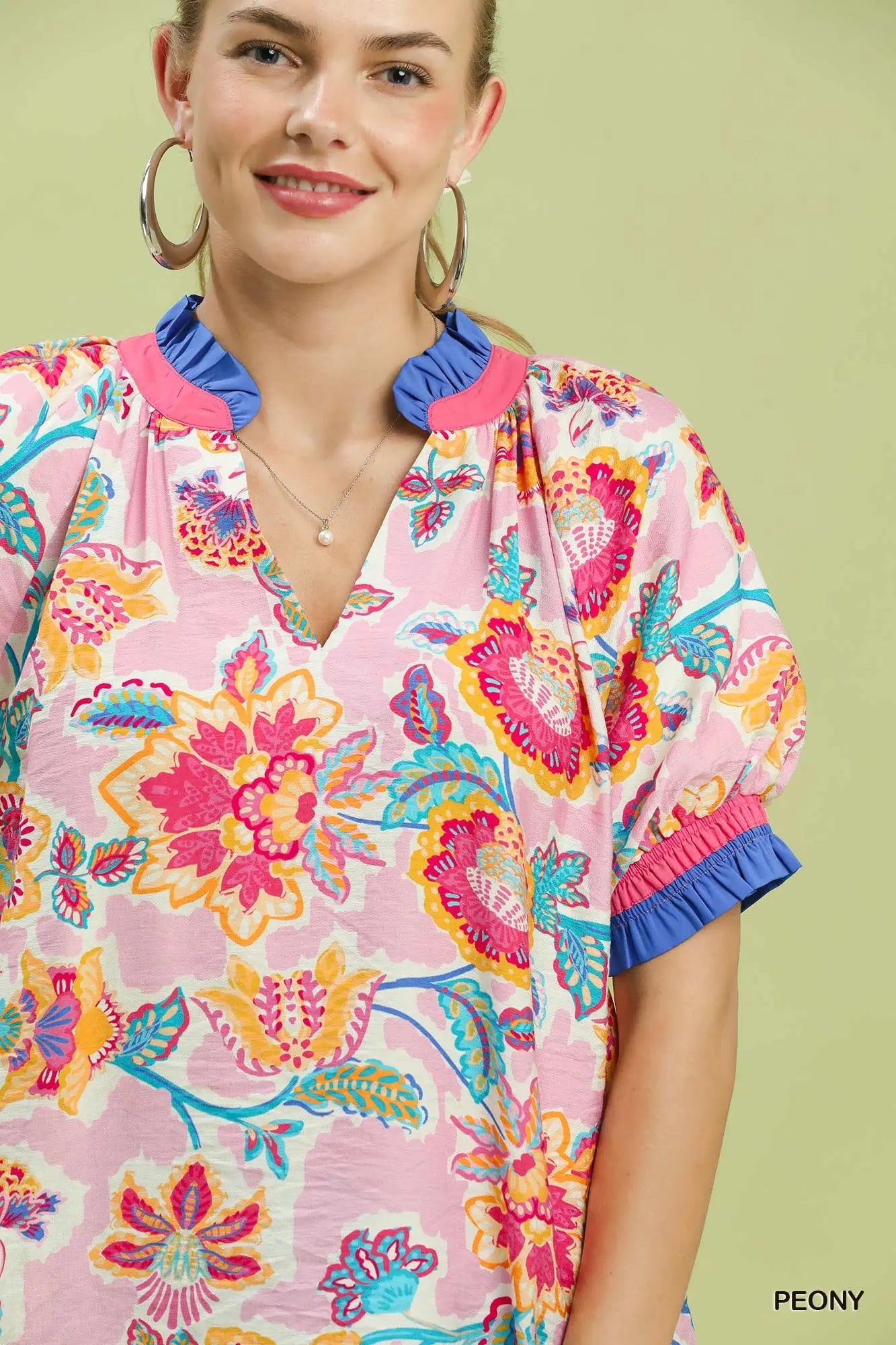 Pink Blue Floral Split Neck Top