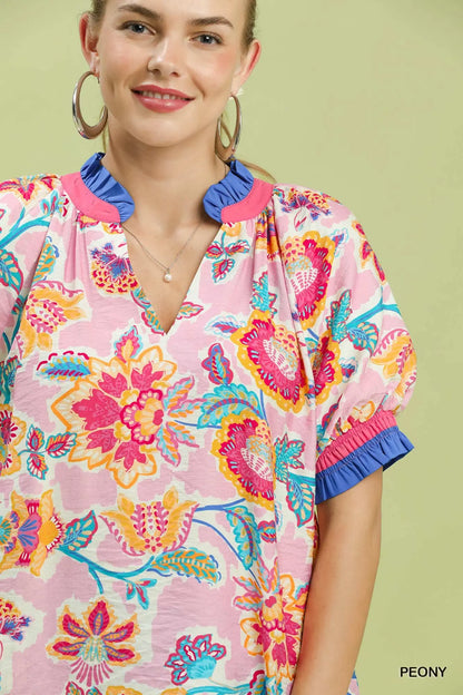 Pink Blue Floral Split Neck Top