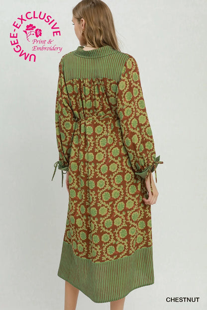 Brown & Green Collared Midi Dress