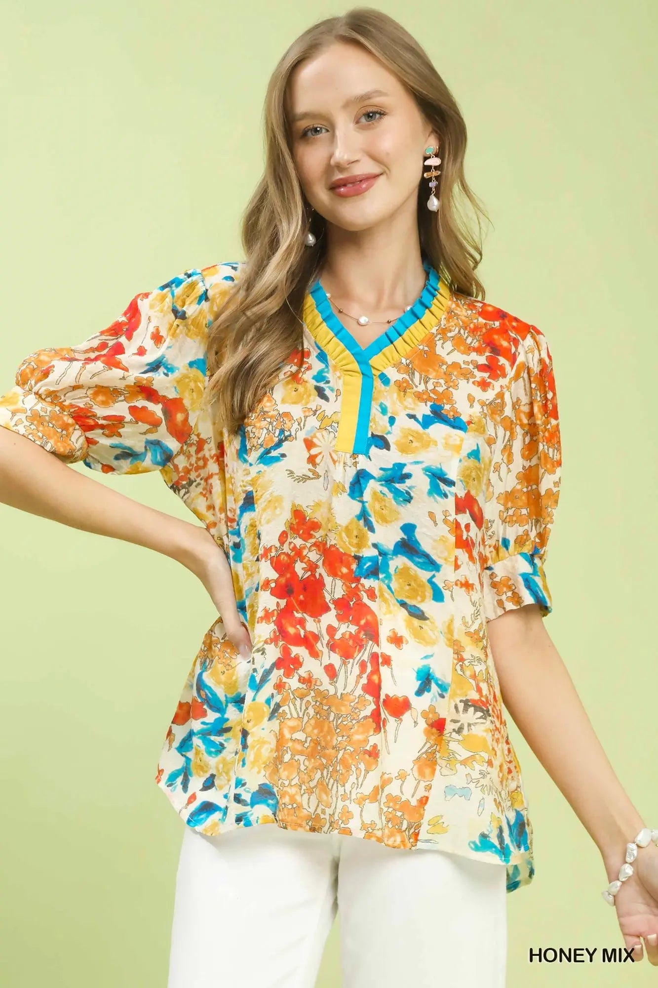 Honey Mix Floral Contrast Pleat Neck Top