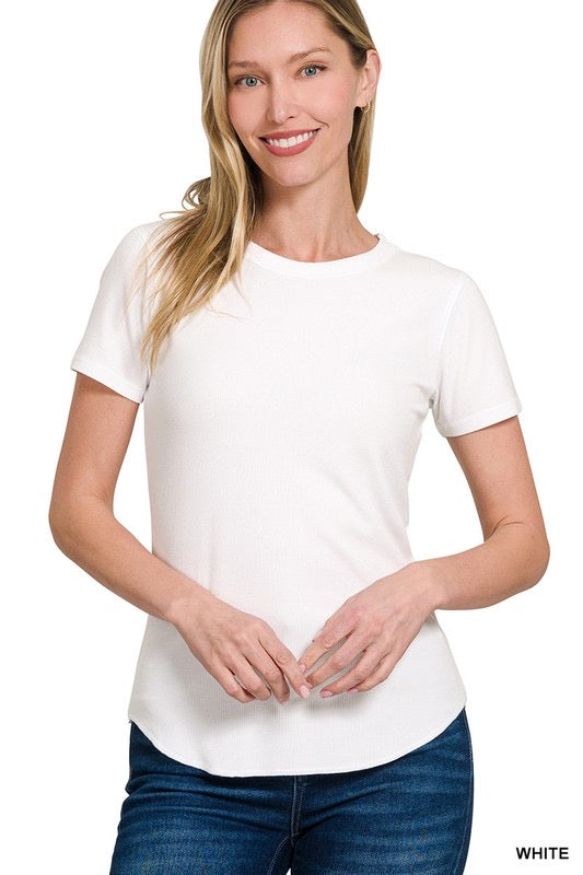White Ribbed Round Neck Tee