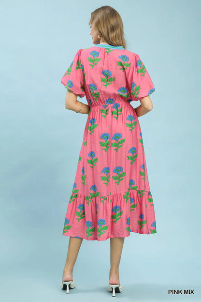 Pink Mix Floral Print V-Neck Midi Dress