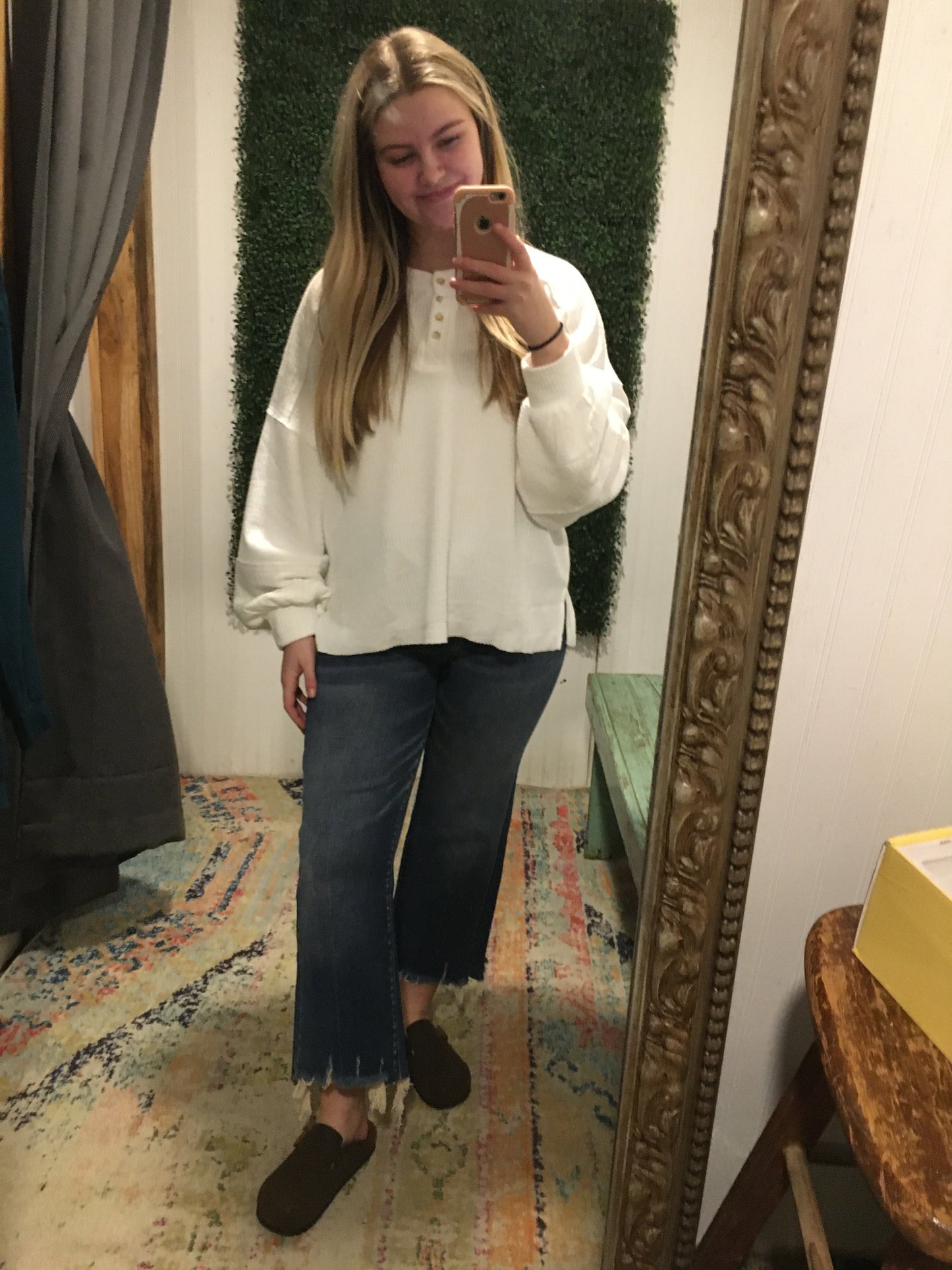 Off White Rib Knit Henley Top - Plus
