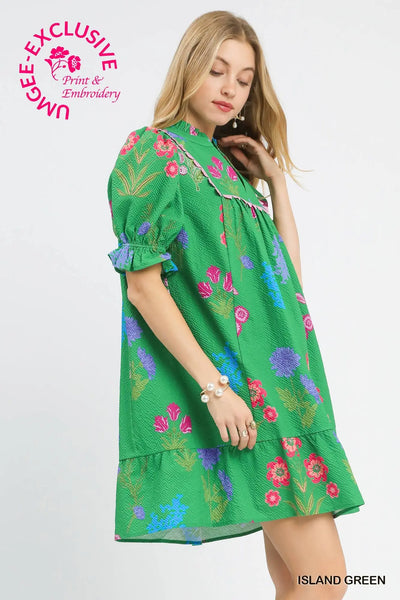 Kelly Green Floral Split Neck Dress