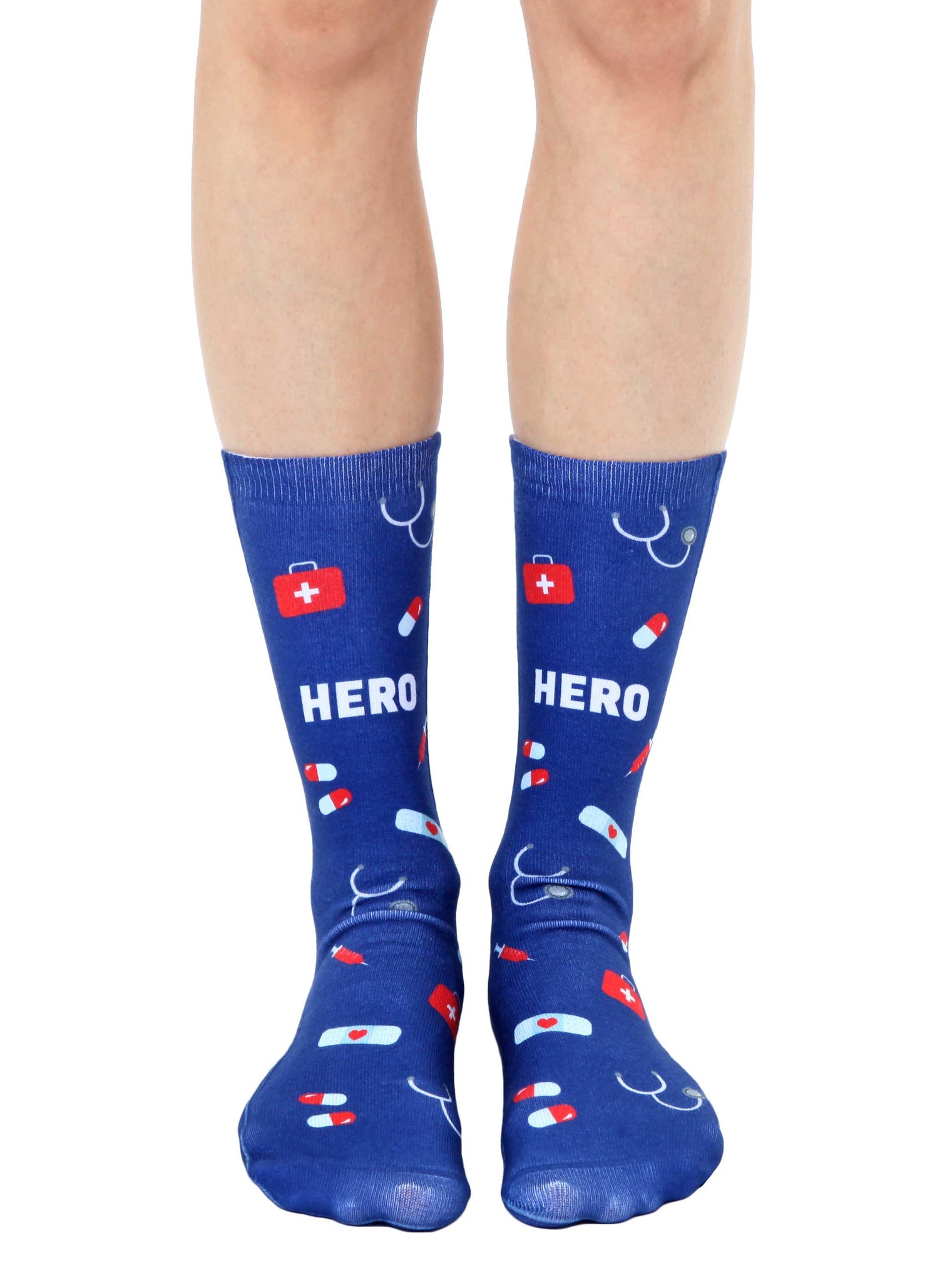 Novelty Graphic Crew Socks - Doctor / Nurse - "Hero" - Blue