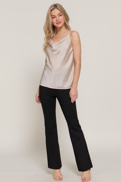 Beige Cowl Neck Satin Cami Top