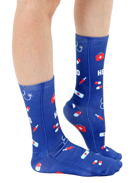 Novelty Graphic Crew Socks - Doctor / Nurse - "Hero" - Blue