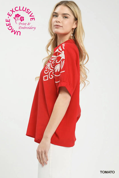 Red Embroidered Linen Blend Top