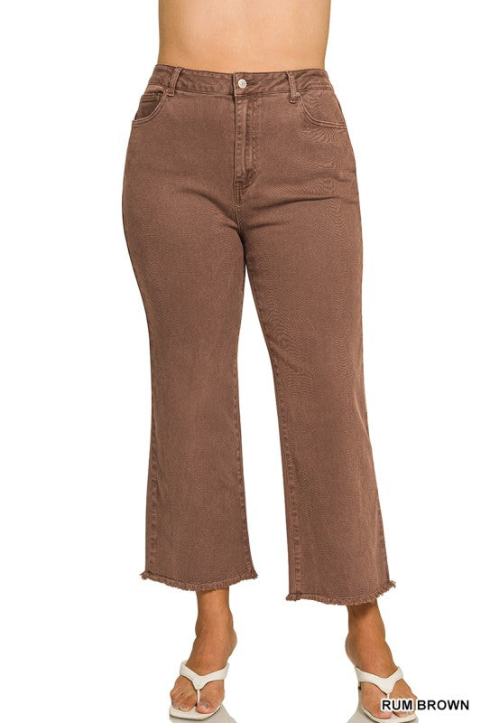 Brown Washed Fray Hem Jeans - Plus