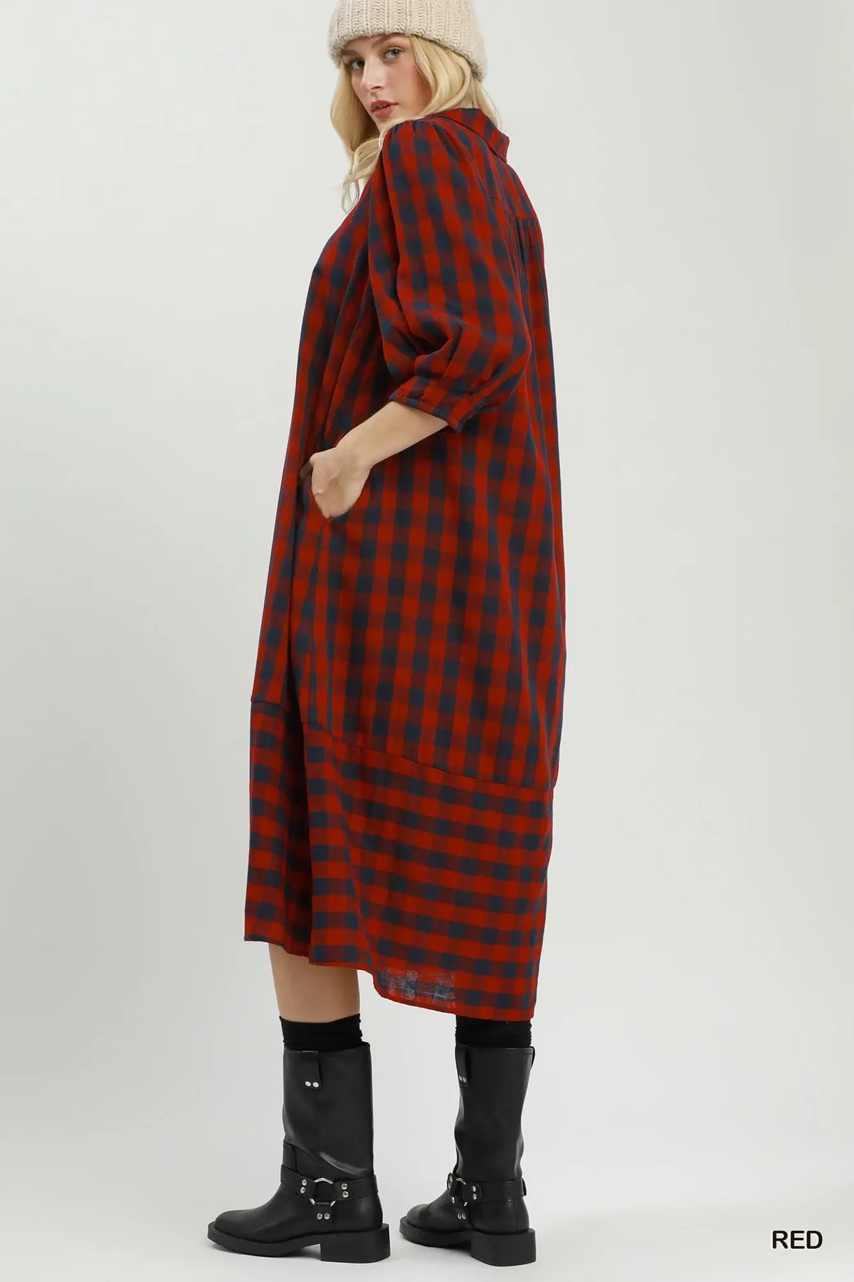 Red & Navy Checkered Midi Dress