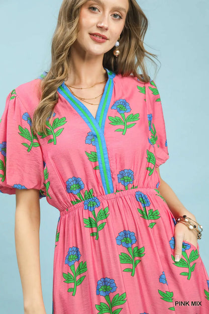 Pink Mix Floral Print V-Neck Midi Dress