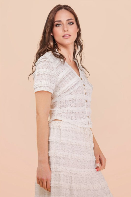 White Button Down Lace Tiered Top