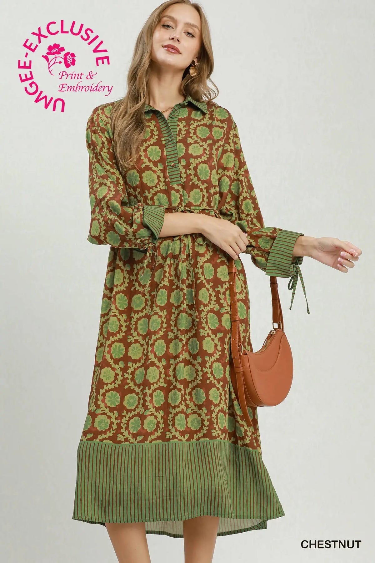 Brown & Green Collared Midi Dress