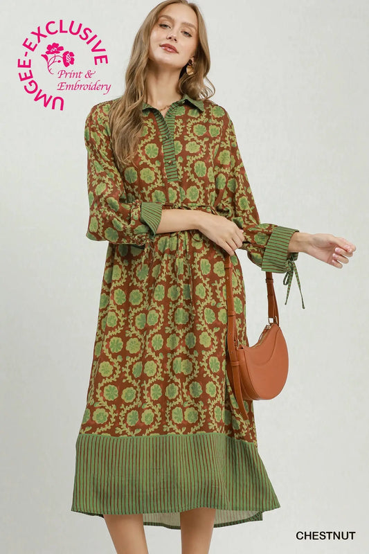 Brown & Green Collared Midi Dress
