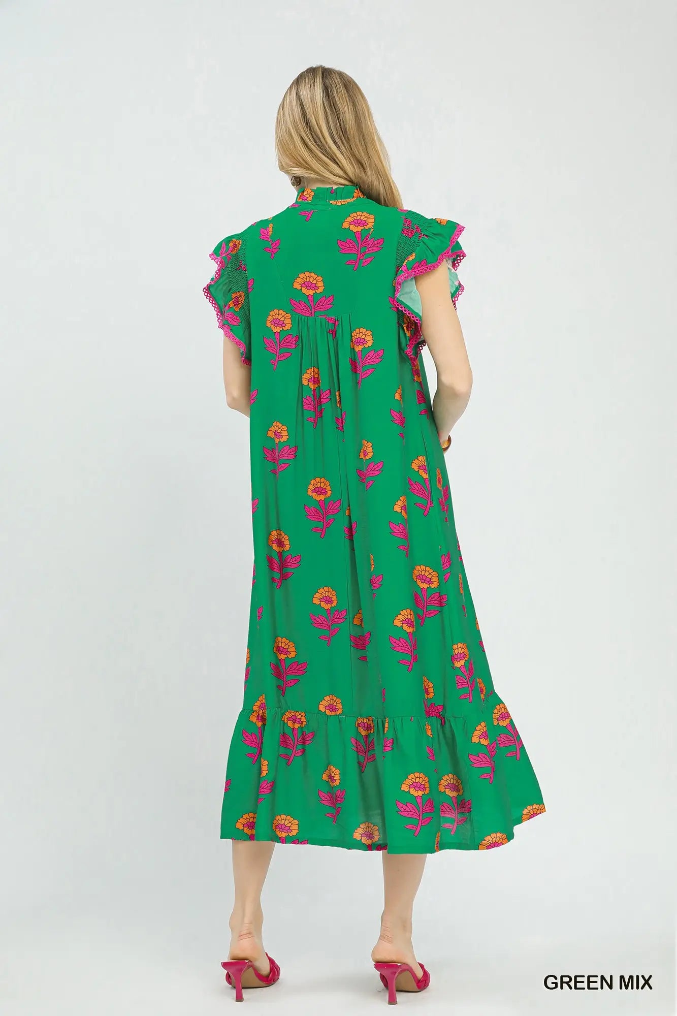 Green Floral Ruffle Trim Tiered Maxi Dress