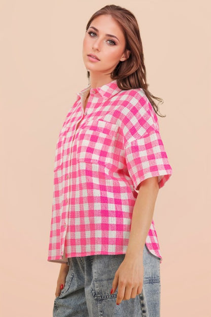 Hot Pink Checkered Button Up Woven Top