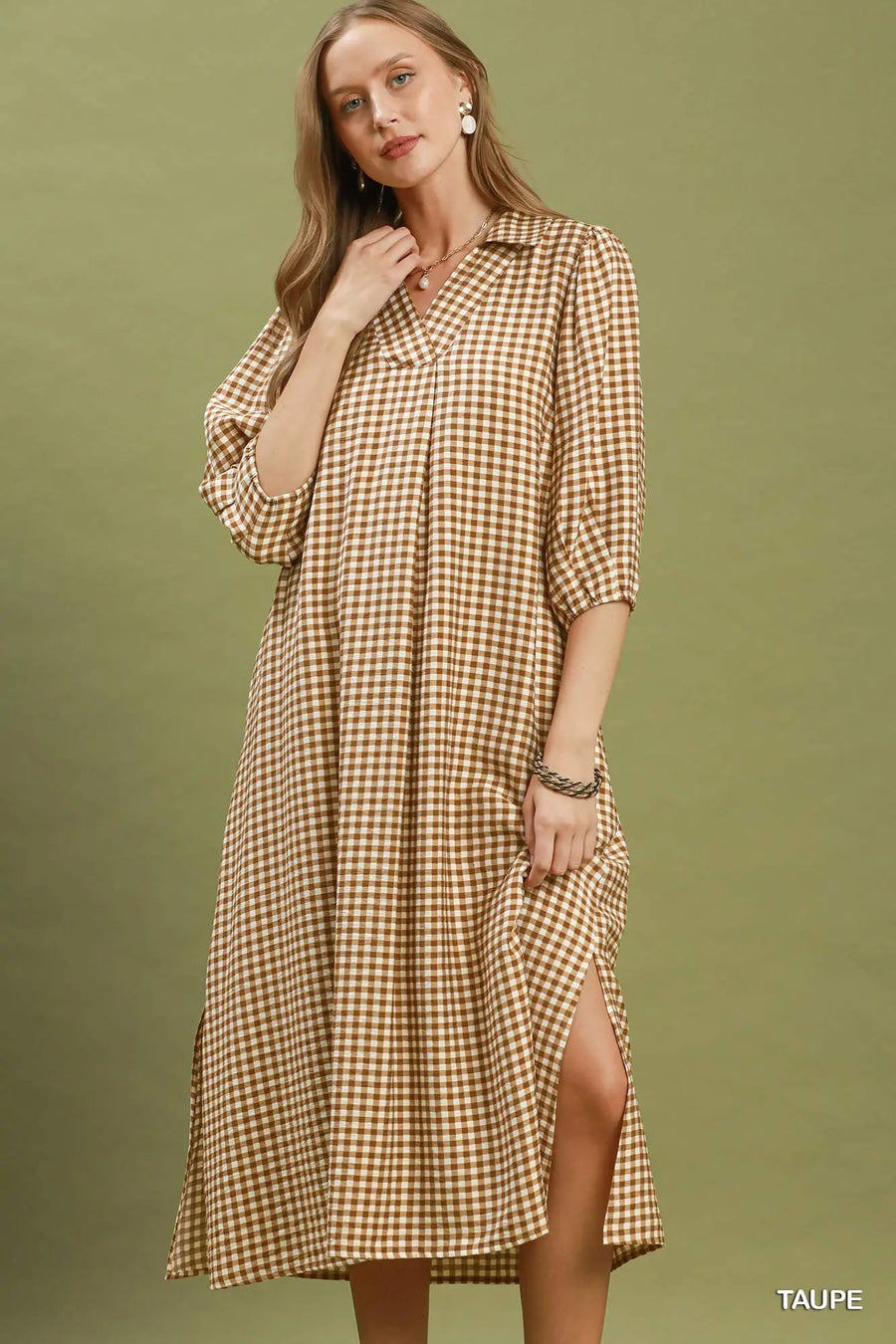 Taupe Gingham Collared Midi Dress
