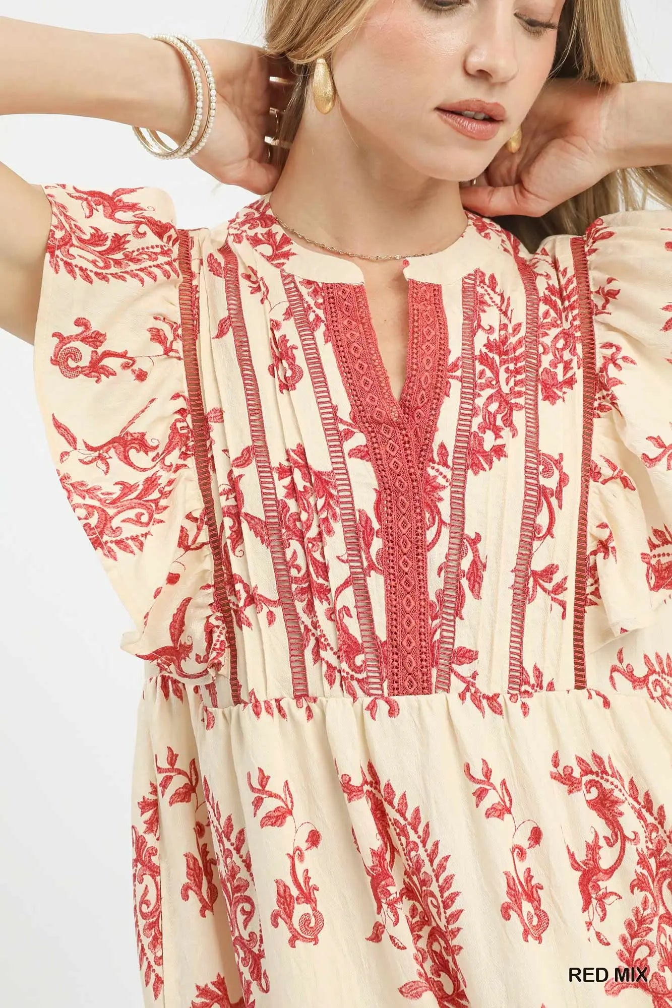 Red Paisley Print Ruffle Sleeve Midi Dress