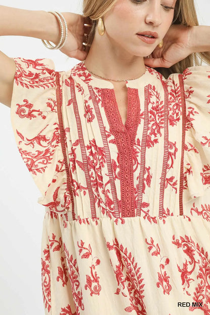 Red Paisley Print Ruffle Sleeve Midi Dress