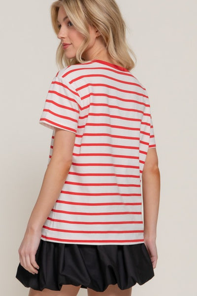 Ivory & Red Stripe Crew Neck Tee