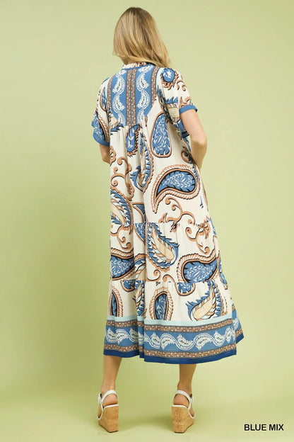 Blue Mix Paisley Print Midi Dress