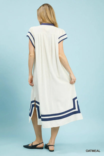 Oatmeal & Blue Linen Midi Dress