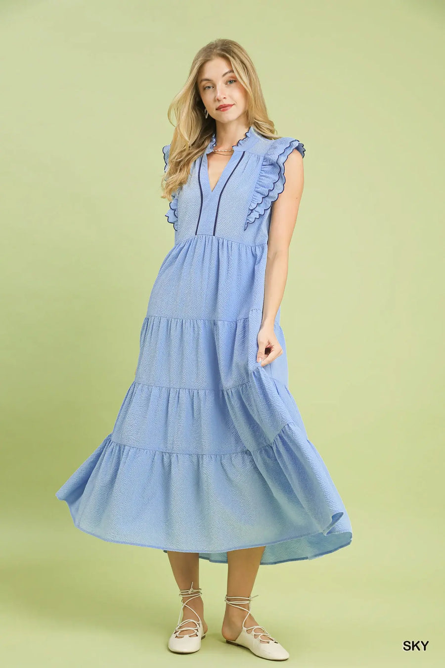 Blue Seersucker Ruffle Sleeve Tiered Midi Dress