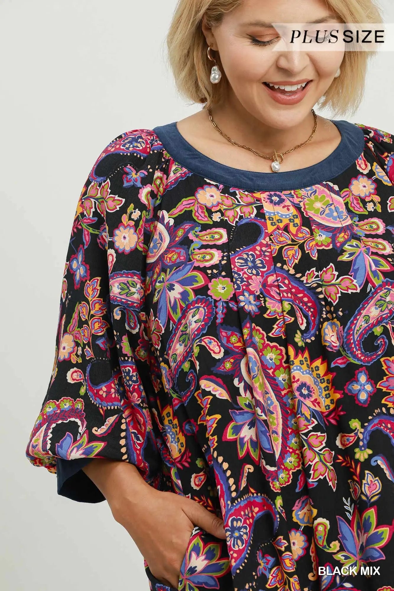 Black Mix Paisley Balloon Sleeve Dress - Plus