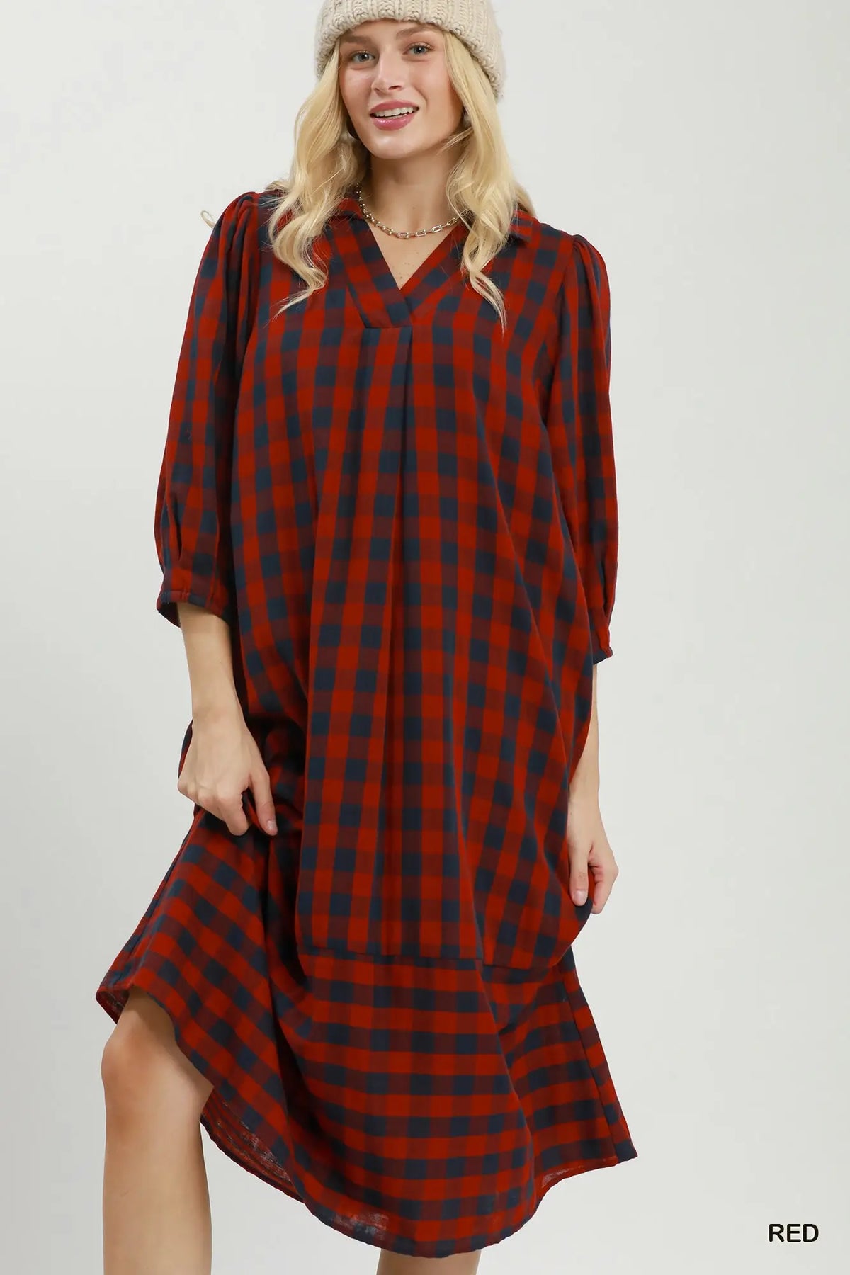 Red & Navy Checkered Midi Dress