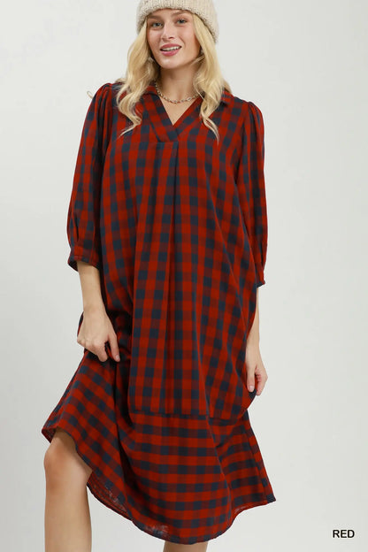Red & Navy Checkered Midi Dress