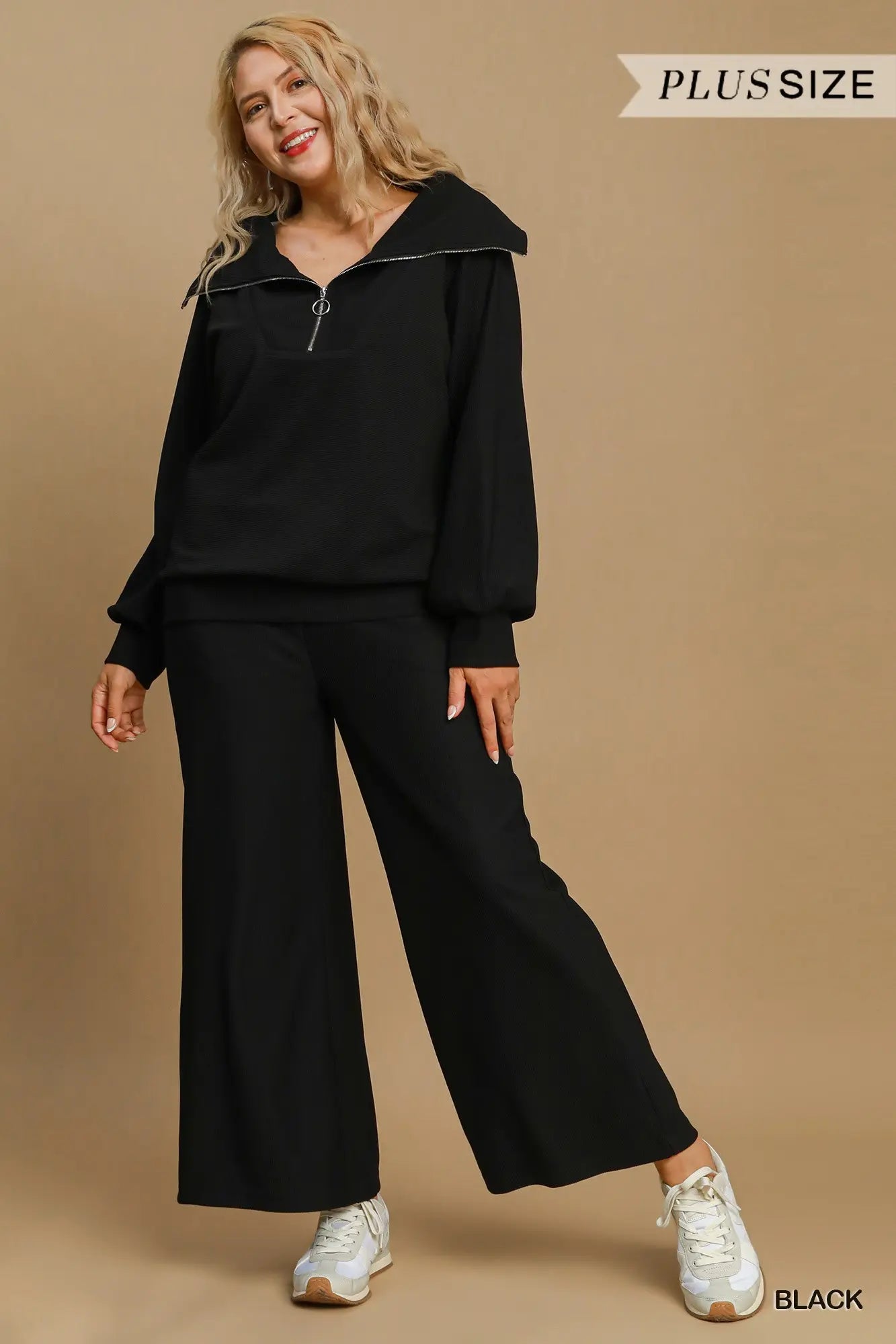 Black Ribbed Zip Up Pullover - Plus