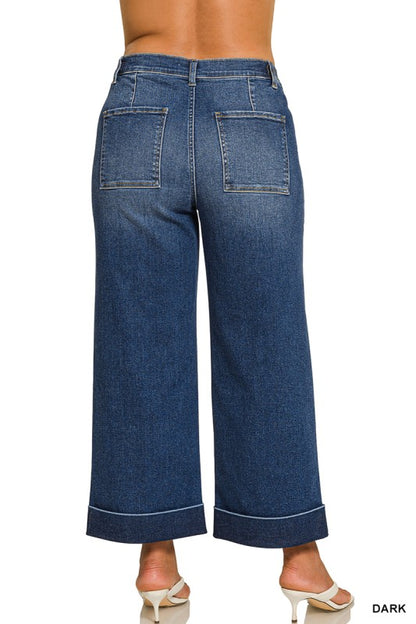 Dark Wash Utility Pocket Cropped Denim Jeans -Plus