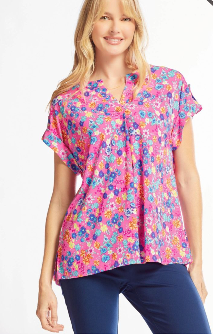 Pink & Blue Floral Short Sleeve Top