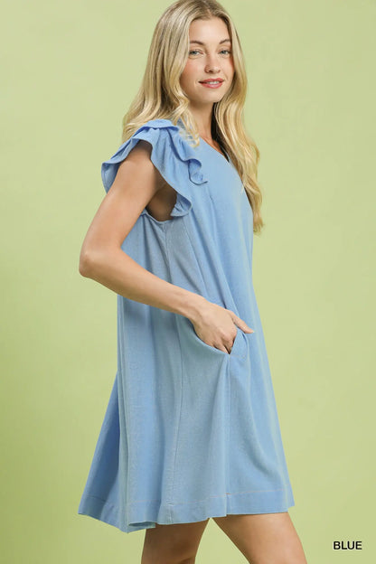 Blue Linen Flutter Sleeve Shift Dress