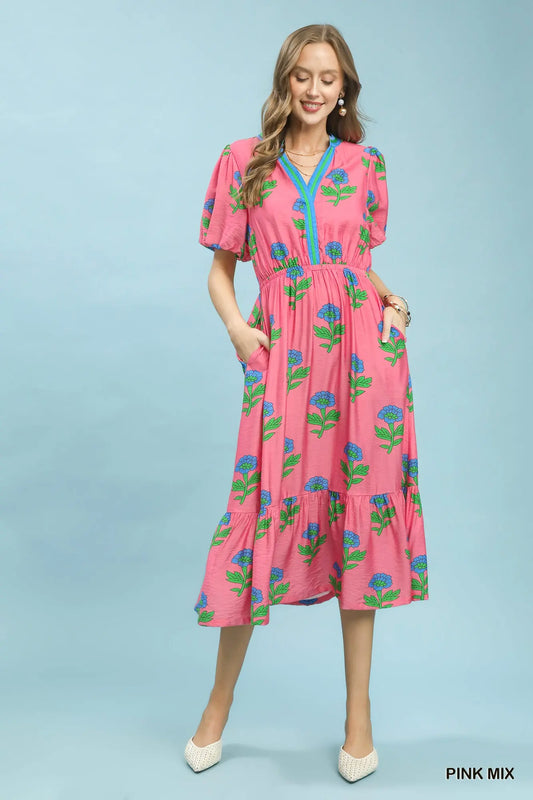 Pink Mix Floral Print V-Neck Midi Dress