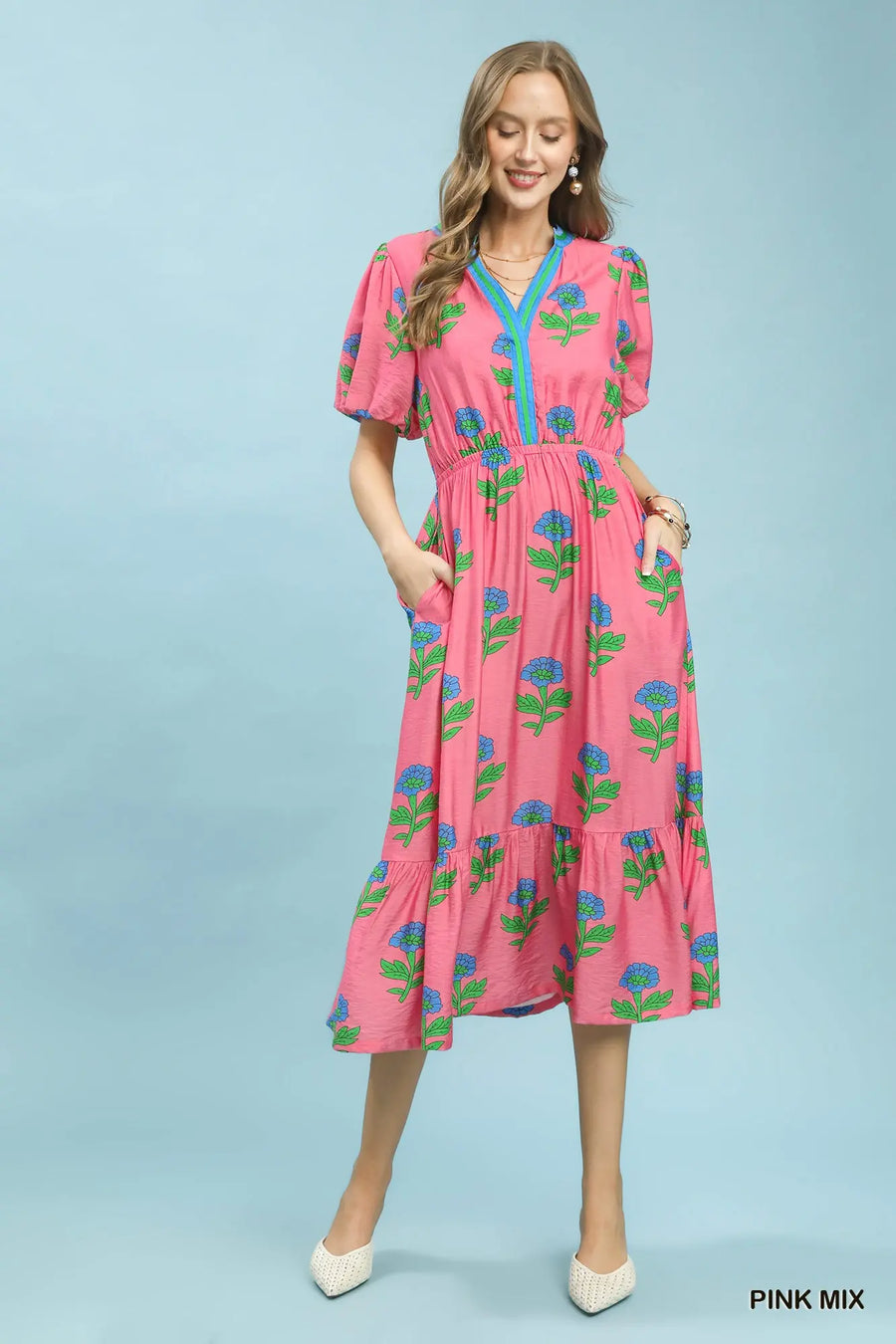 Pink Mix Floral Print V-Neck Midi Dress