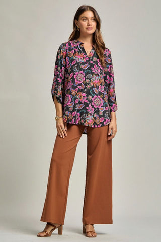 Black Floral Paisley 3/4 Sleeve Top