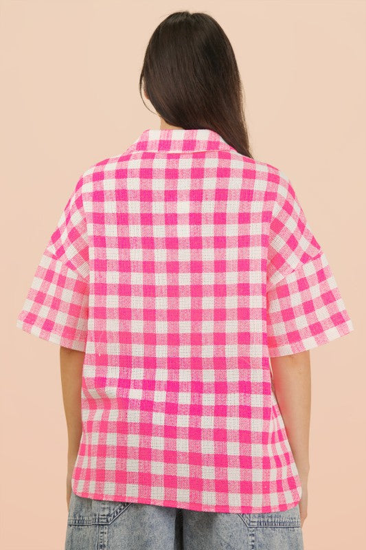 Hot Pink Checkered Button Up Woven Top
