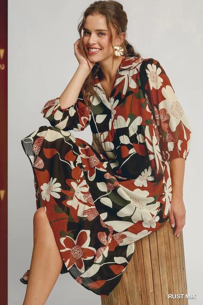 Rust Mix Floral Abstract Print Tiered Dress