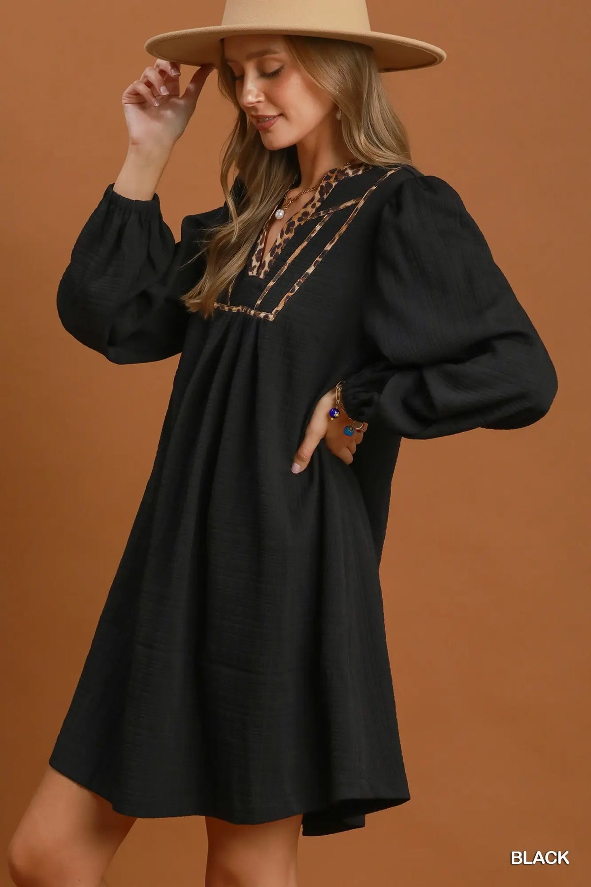 Black Leopard Trim Textured Babydoll Dress