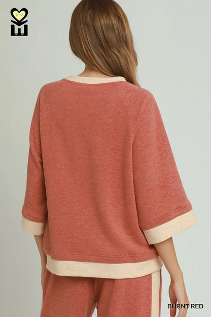 Burnt Red Contrast Raglan Sleeve & Pants Set