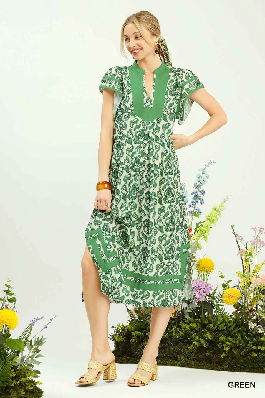 Green Abstract Two Tone Print Midi Dress